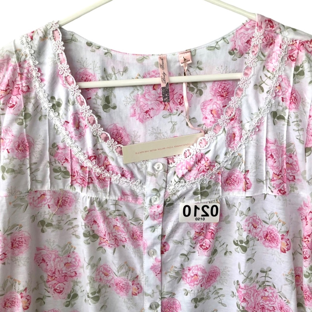 (0210) Floral Pink Button Down Nightgown Lingerie w Lace Details (L) - Picture 3 of 5